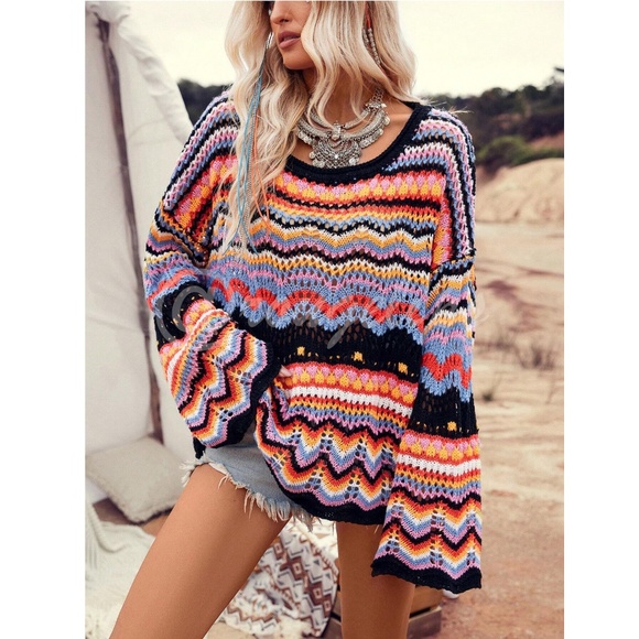 Bohemian Bell Sleeve Light Sweater Loose Fit Multicolor Knit Eyelet Stretchy - Picture 5 of 8